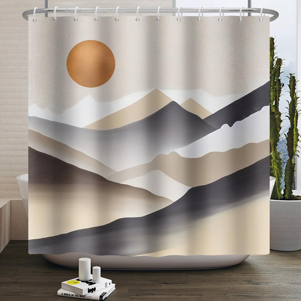 Nordic Style Shower Curtain Geometric Pattern Morandi Block Plant Leaves Home Bathroom Decoration Hanging Bath Curtain 12 Hooks