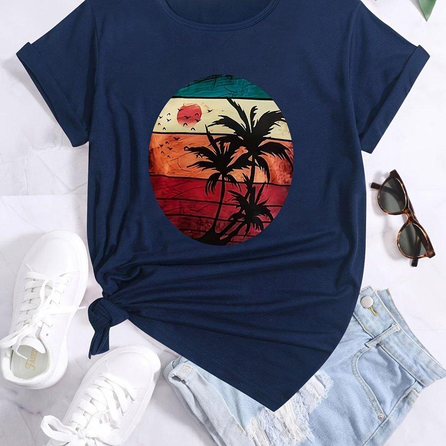 Women Retro Sunset Palm Tree Graphic T-Shirt Summer Beach Casual Crew Neck Short Sleeve Tee Vacation Tops