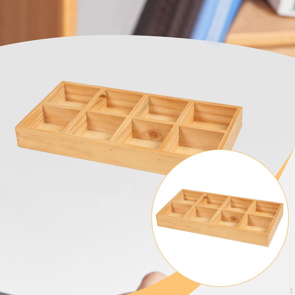 Wooden Divided Storage Box 8 Grid Countertop Organization, Sorting Tray, Organizer for
