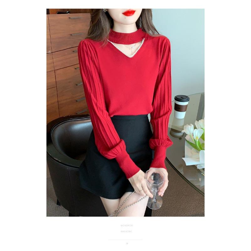 Jarní a podzimní dámské úplety Pit Stripe Pearl Hollow Out Svetr Pletený spodní díl Košile Sexy svetr Sezóna Dlouhý rukáv Top