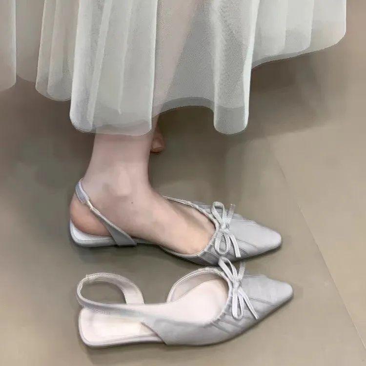 Wedge heel back empty shallow mouth versatile fashion sandals fashionable pointed wrinkled bow bag head sandals women 2025 summer