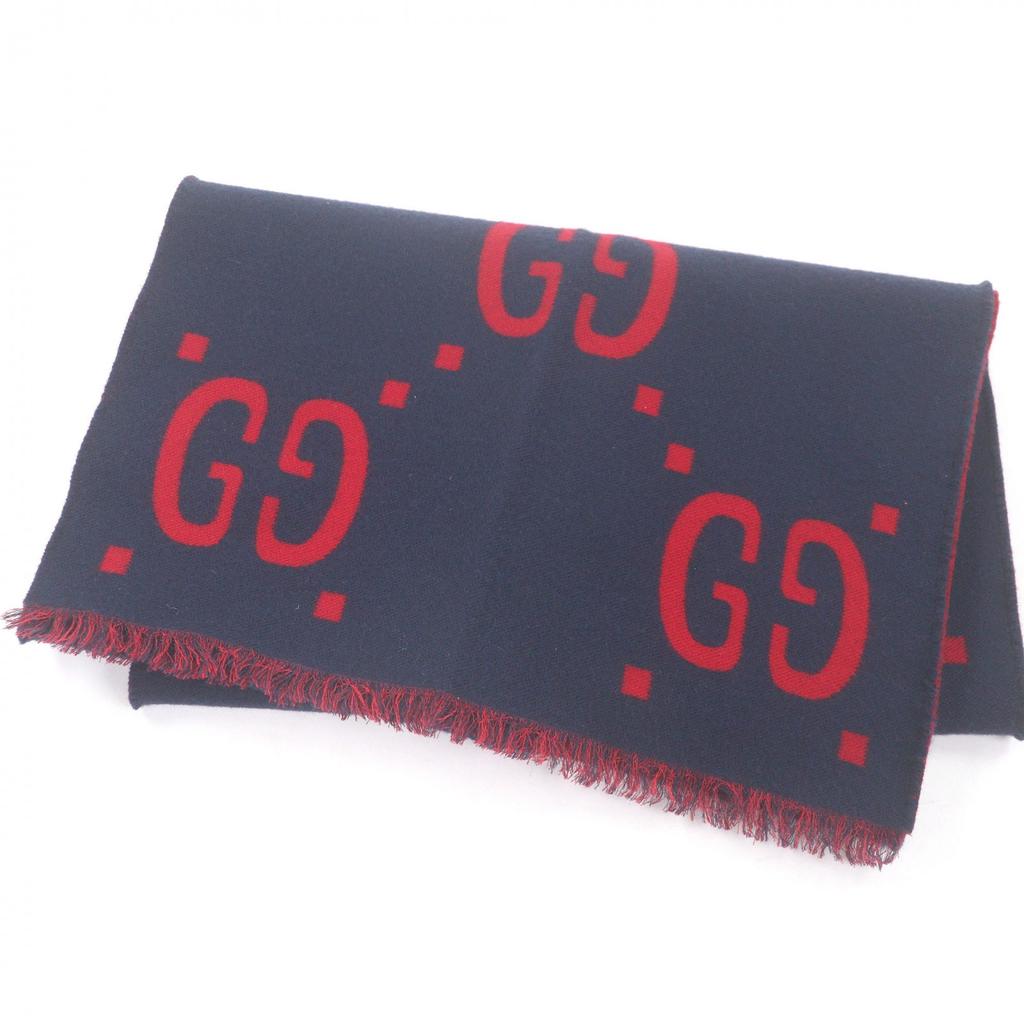 Great GUCCI Scarf Jumbo GG Jacquard Current Model with Fringe Navy Wool Used