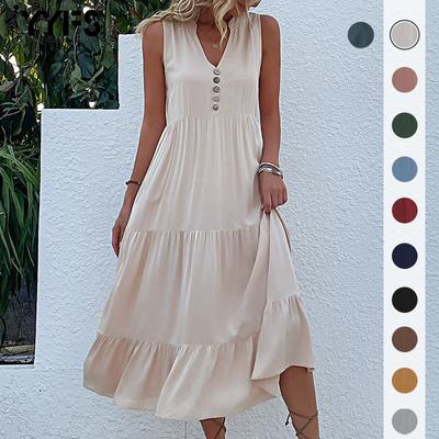 Women's Fashion Summer Spring Solid Color Print Sleeveless V-Neck Casual Dresses