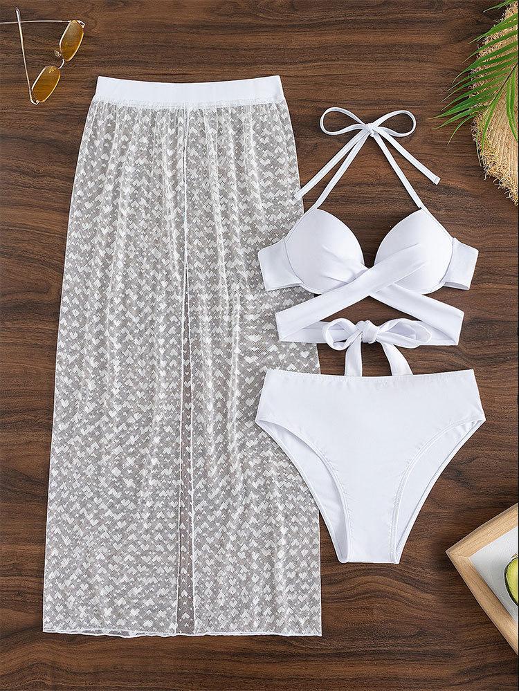 Women Solid Sexy Mesh Three Piece Bikini Swimsuit Beach Swimwear