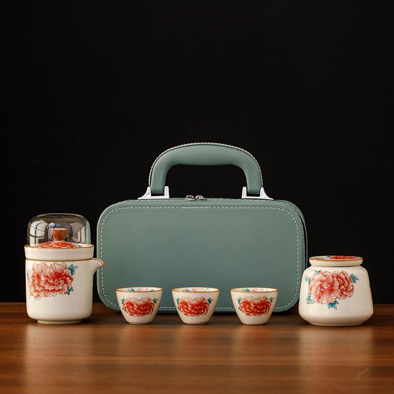 Ru Kiln Peony Quick Cup: Portable Outdoor Tea Set with One Pot and Four Cups