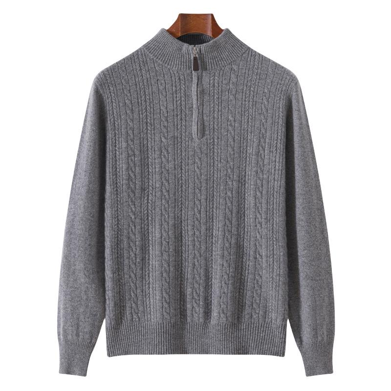 Men's Twisted Wool Sweater, Autumn/Winter, Half-High Neck, Half-Zip, Warm Knit Base Layer