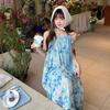 Seaside vacation wind blue butterfly girlish feeling lace-up neck dress female summer small fairy long skirt