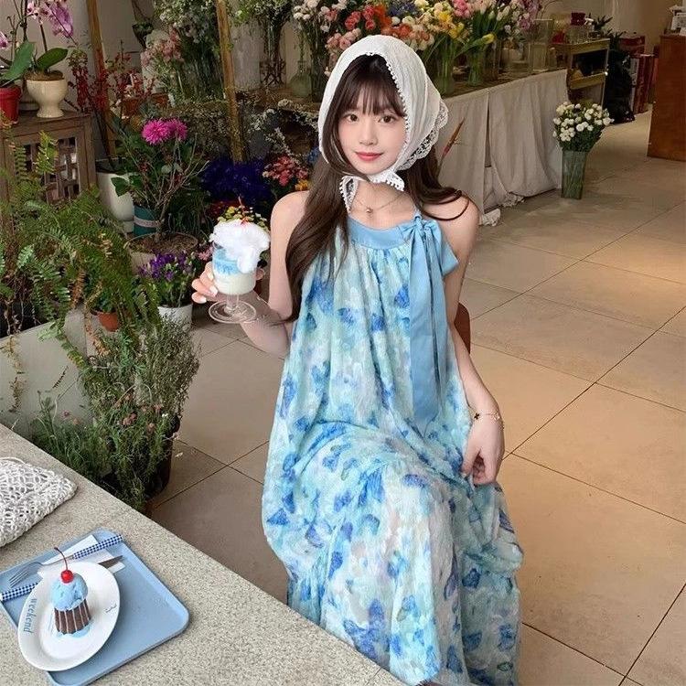 Seaside vacation wind blue butterfly girlish feeling lace-up neck dress female summer small fairy long skirt