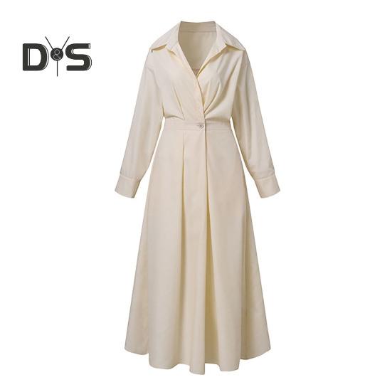 Women's Long Sleeve Button Down Shirt Dress Casual A-Line Midi Dress Loose Fit Lapel Collar Long Dress for Office Parties And Beach