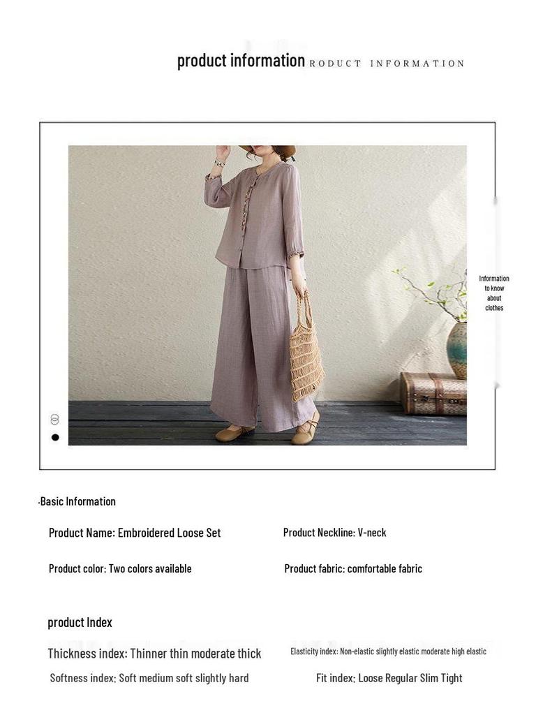 Plus Size Women's Cotton Linen Embroidered Two-Piece Set - Spring Fashion