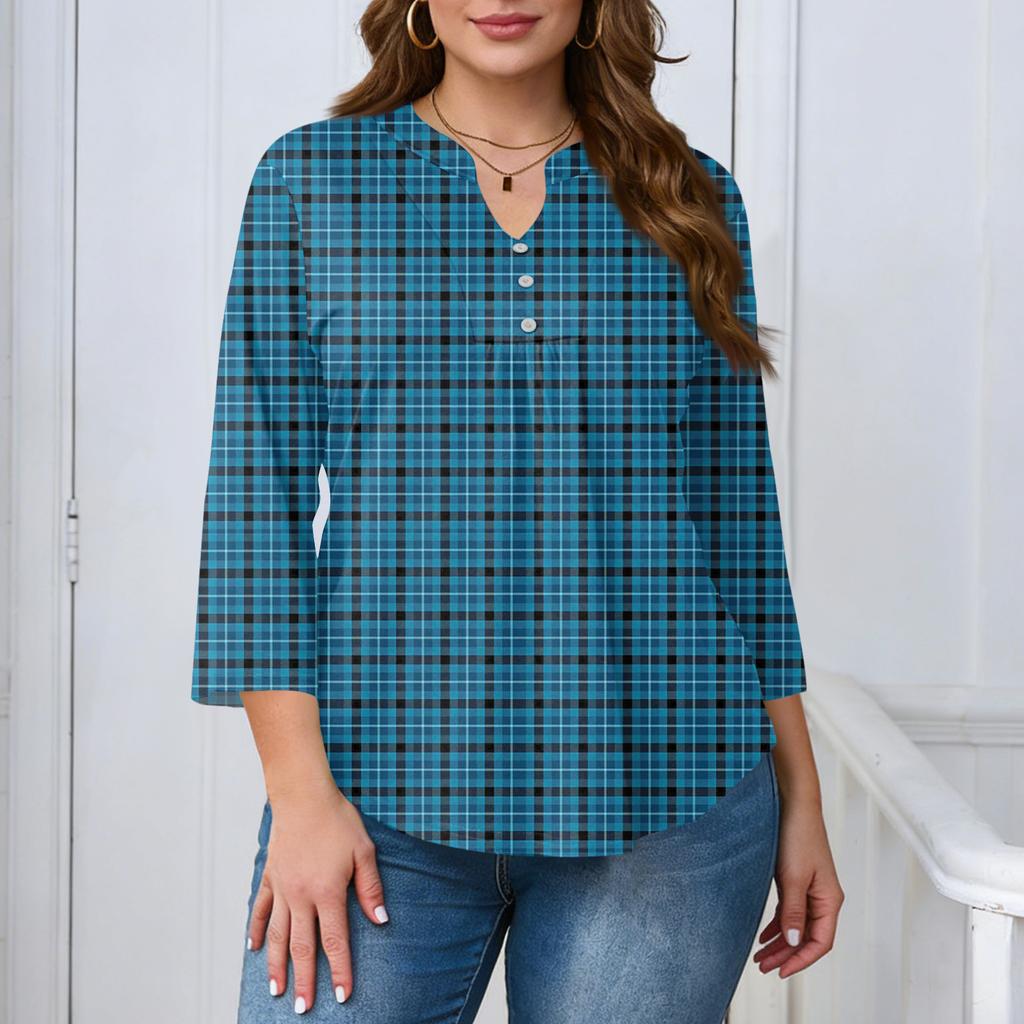Women's Plus Size Fashionable Casual Loose Fit Three Quarter Sleeve Elegant Button Up V Neck Top