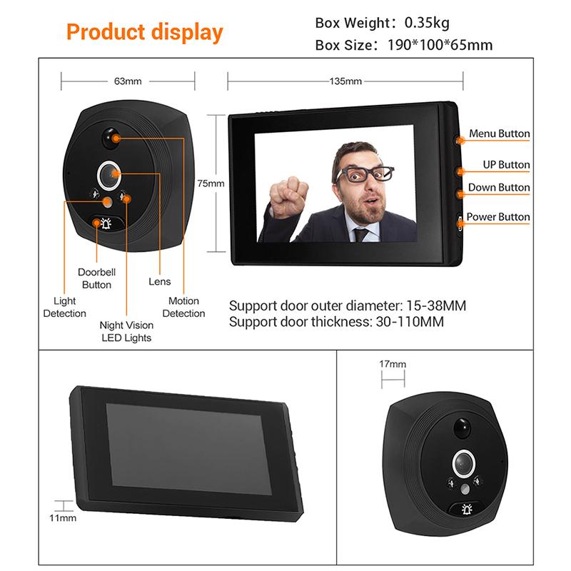 4.3 Inch Peephole Video Doorbell 160° Degree Wide Angle PIR Smart Home Camera Door BellAA
