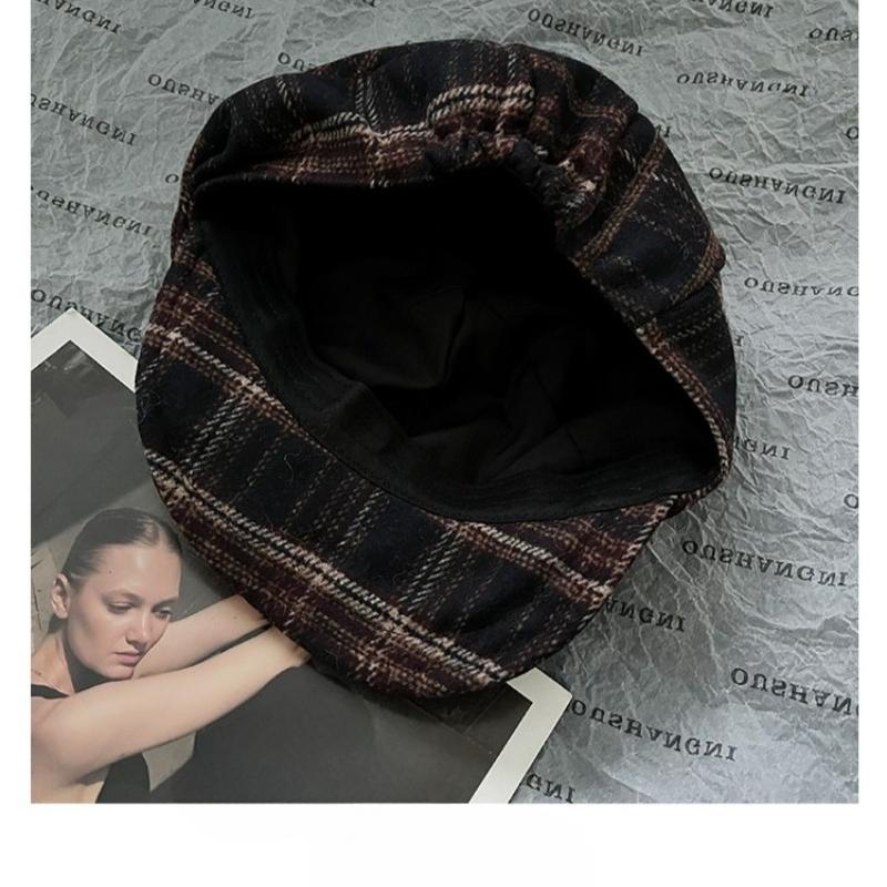 Japanese Retro Plaid Pleated Wool Cloud Berets Women Autumn and Winter Warm Temperament Versatile Soft Brim Newsboy Cap