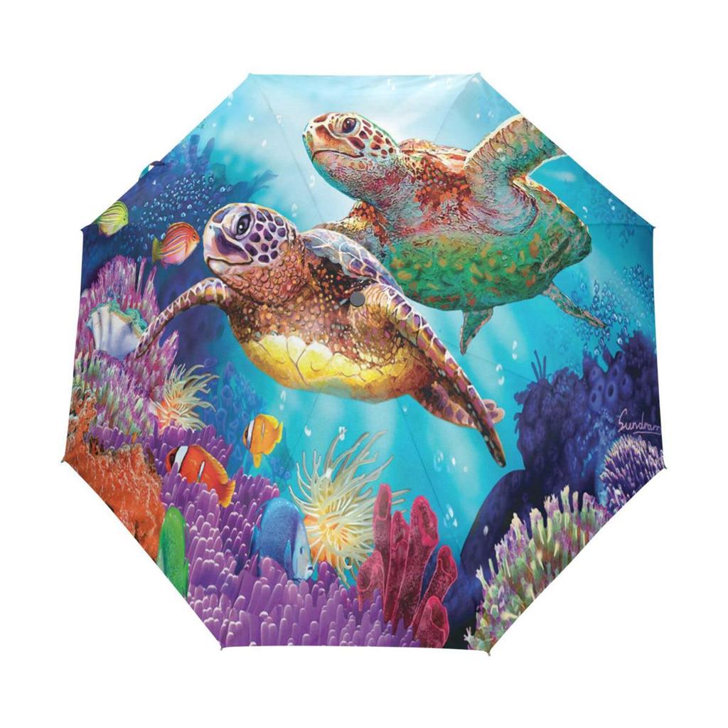 Ocean Sea Turtle Folding Rain Sun Umbrella Sea Creatures Travel Umbrellas Compact Lightweight Windproof for Teens Adults Kids