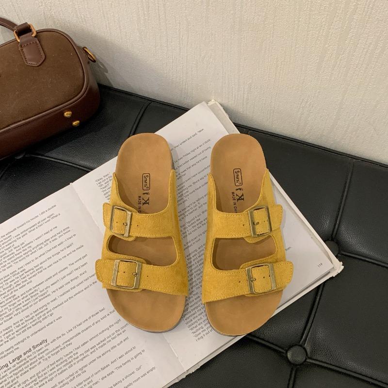 New Retro One-line Casual Beach Shoes for Women with Thick Soles and Soft Leather Slippers