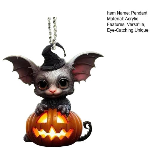 Halloween Decoration Witch Hat Bat Pumpkin Pendant 2D Acrylic Cat Rearview Mirror Charm Festive Atmosphere Enhancer