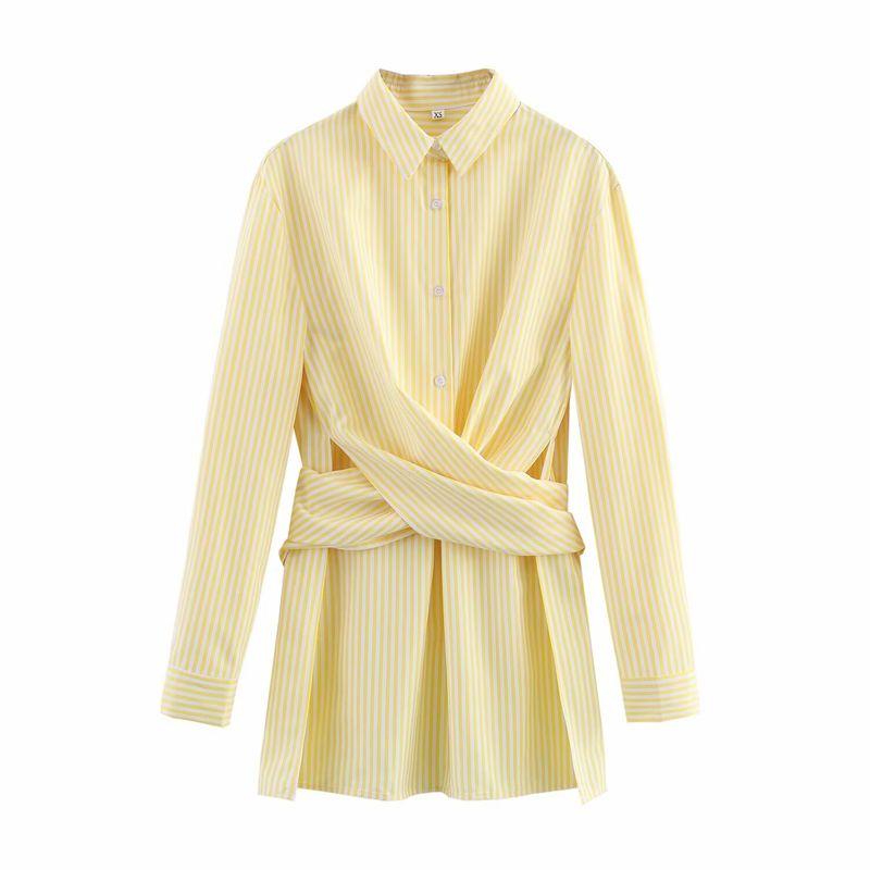 Kaslead New Women clothes Western Style Fashion Simple Long sleeve Loose Lapel Single Breasted Stripe Shirts