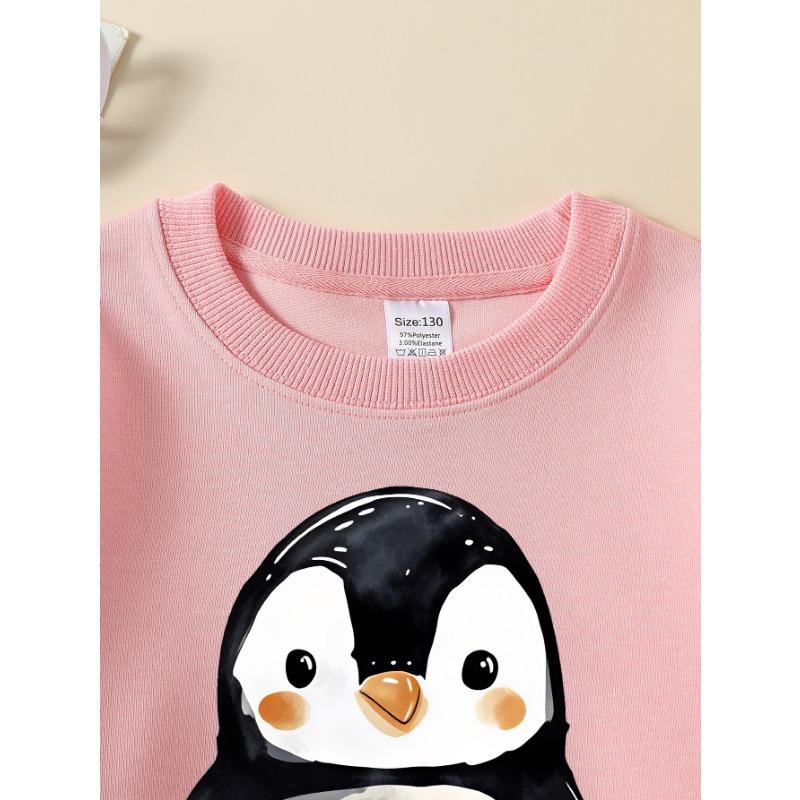 European sizes Girls' Soft Crewneck Sweatshirt, Cute Watercolor Penguin Print, Casual for Fall Winter, Ideal Holiday Present.