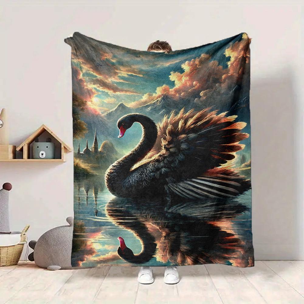 1pc Black Swan Art Print Blanket Lightweight Flannel Blanket Throw Blanket For Sofa, Bed, Travel, Camping, Livingroom, Office, Couch, Chair, And Bed y