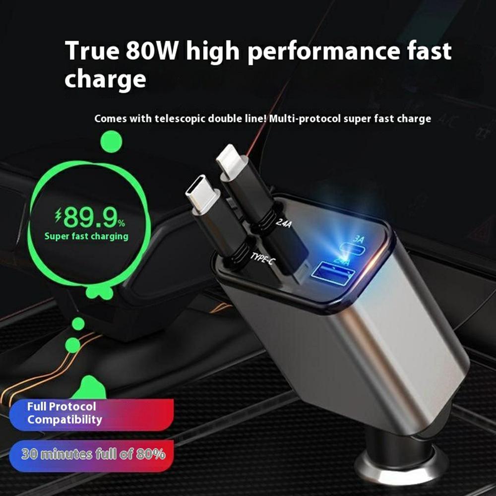 PT-27 Car Charger with Type-C/iP Retractable Cable Super Fast Charging Cable for Cell Phones, Tablets