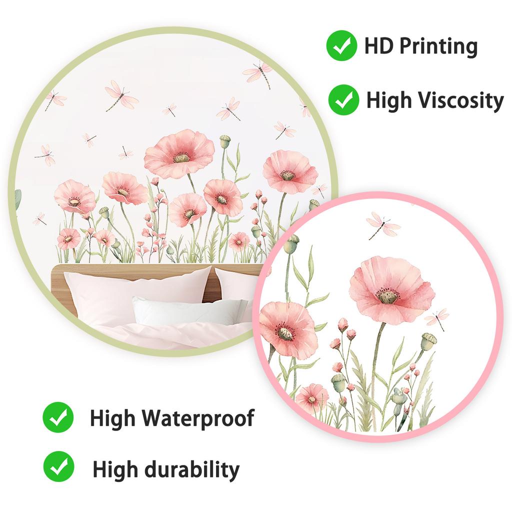 Pink Floral Dragonfly Wall Sticker Self Adhesive PVC Decal for Living Room Bedroom Home Interior Decoration