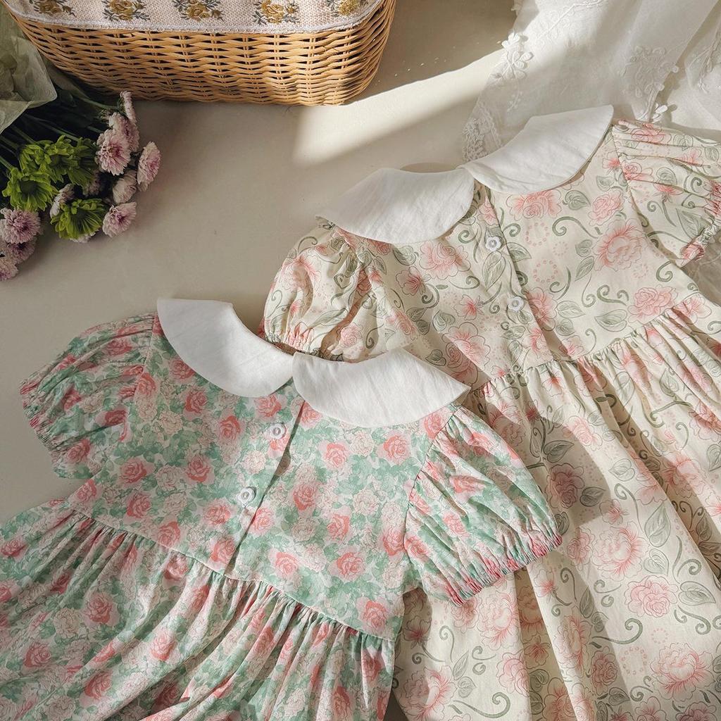 Handmade Floral Smocked Girl's Dress with Peter Pan Collar - Summer 2025 French Korean Style