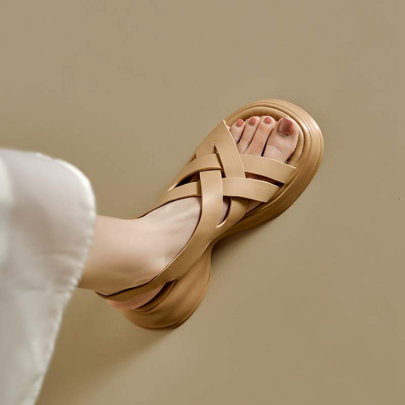 Krazing Pot Sheepskin Peep Toe Thick High Heels Summer Shoes Buckle Straps Platform Weaving Style Women Sandals