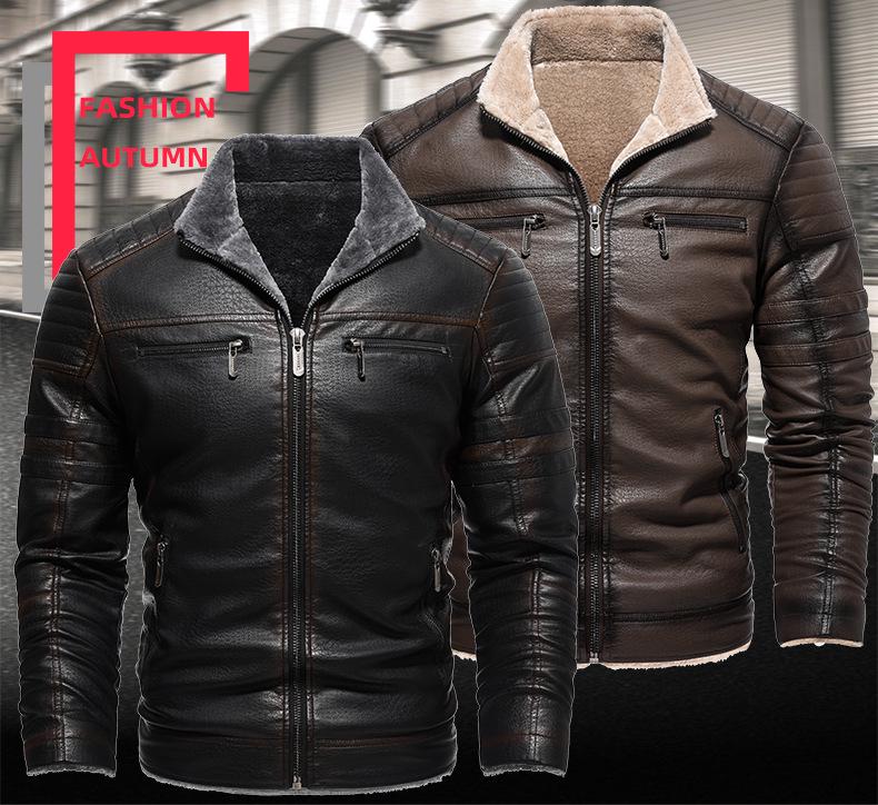 Men's Retro Faux Leather Jacket with Multi-Pockets, Fleece-lined PU, Business Casual Outerwear
