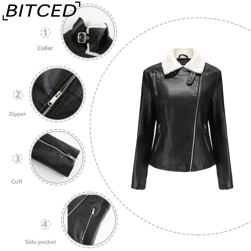 BITCED Autumn/Winter Faux Fur-Lined Leather Jacket for Women with Fleece Lining, Long Sleeves, Warm Coat, Casual Style