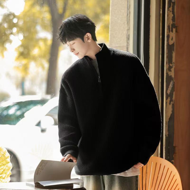 

Men s Retro Loose Half-Zip High-Neck Sweater - Autumn/Winter Solid Knitwear L чорний