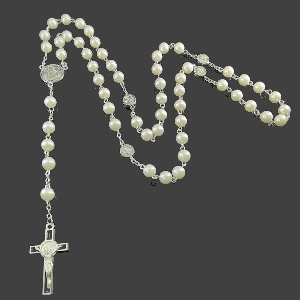 Imitation Pearl Religious Jewelry Set Sweater Chain Long Cross Pendant Necklace Devotional Vintage Style Christian Bracelet