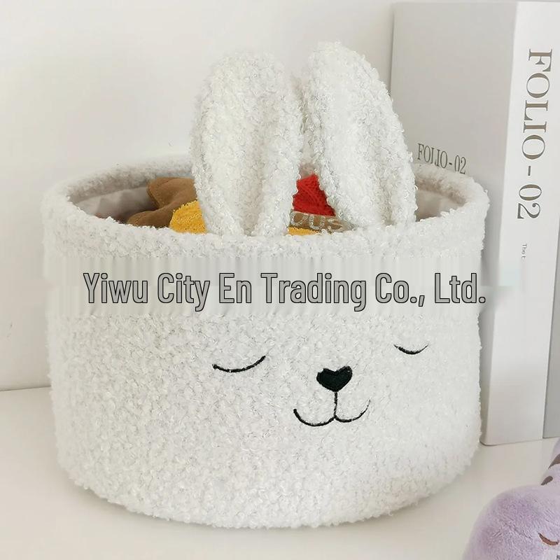 Adorable Cartoon Rabbit Teddy Fleece Storage Basket for Clothes, Toys, and Snacks