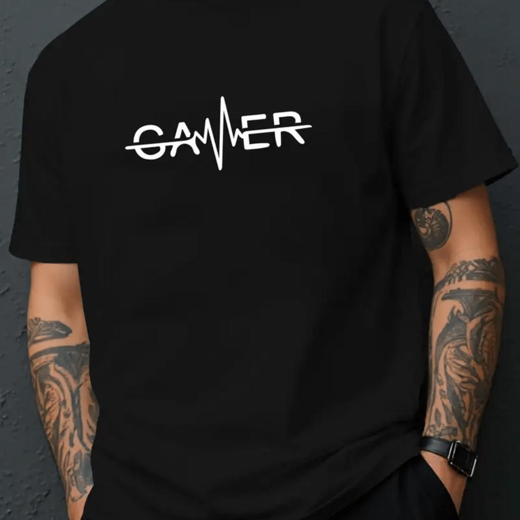 Gamer EKG Heartbeat Graphic Tee Men Casual Round Neck Short Sleeve Summer Cotton TShirt