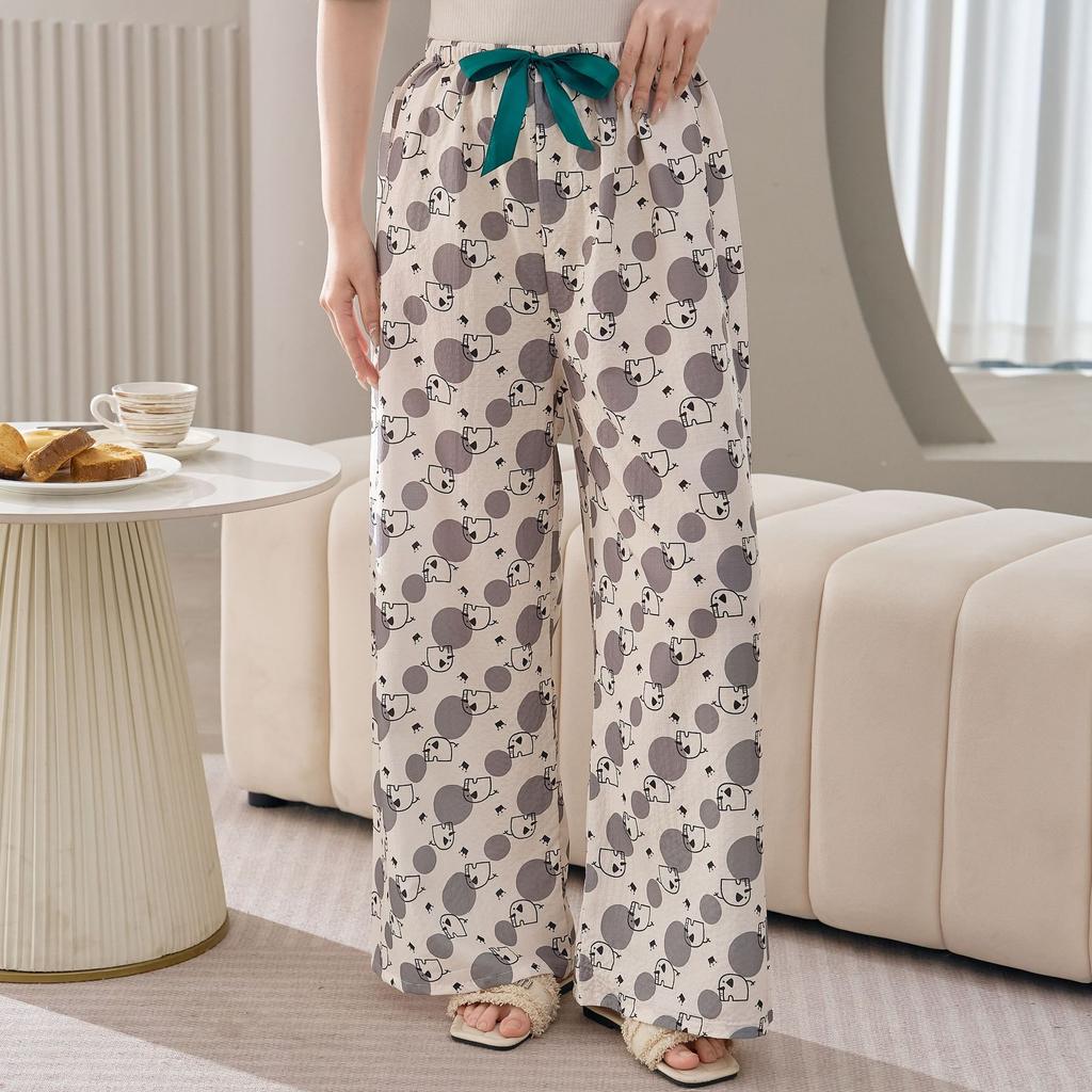 Cotton Silk Family Spring and Autumn Women's Cotton Silk Pajama Pants Wide-leg Pants Thin Artificial Cotton Can Be Worn Outside Casual Home Pants