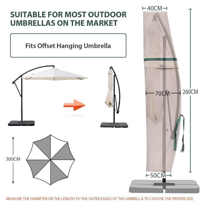 Sekey Housse de Protection pour Parasol de 2 à 4 m, Housse de Parasol déporté-Patio Jardin, 100% Polyester, imperméable, Kaki