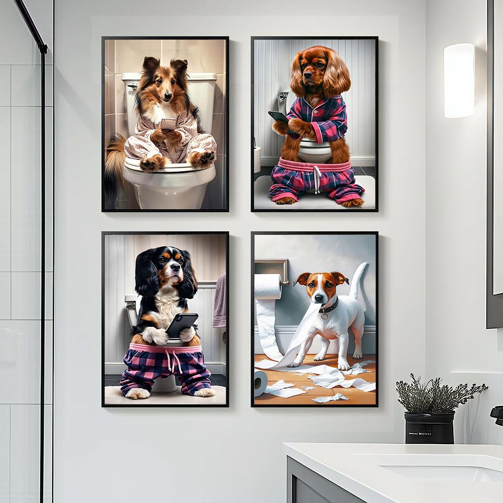 1PC Unframed Funny Pet Dog in Toilet Reading Newspaper Play Canvas Painting Animal Pictures Wall Art for Home Bathroom Decor