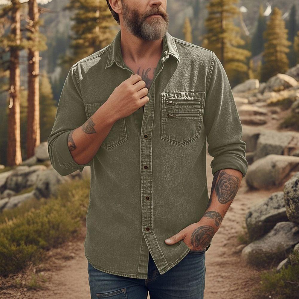 Men's Casual Workwear Denim Shirt Solid Color Washed Button Up Long Sleeve Shirt with Dual Chest Pockets
