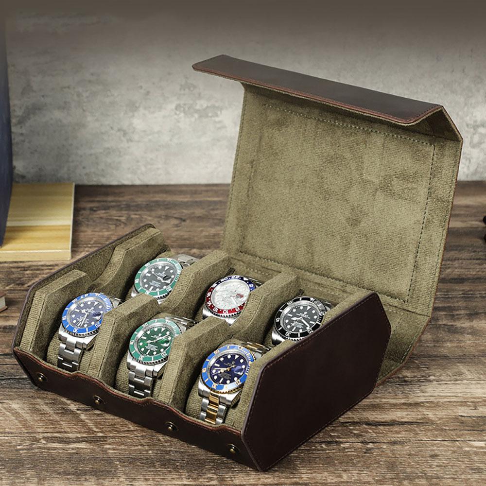 Vintage Genuine Leather Watch Roll Box Case Organizer Display Storage Box Genuine Leather Circular Hexagon Watch Display Case
