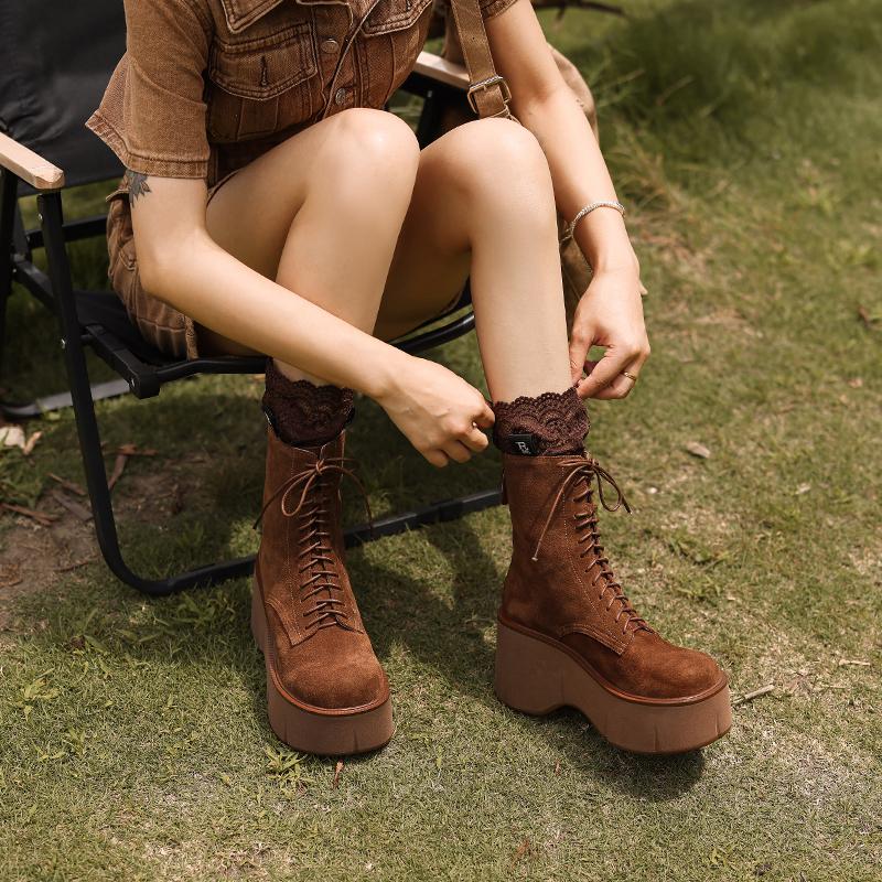 Fashion 2024 New Autumn Women Boots Cow Suede Shoes for Women Round Toe Lace Up Casual Platform Boots Increase Height Ladies Shoes