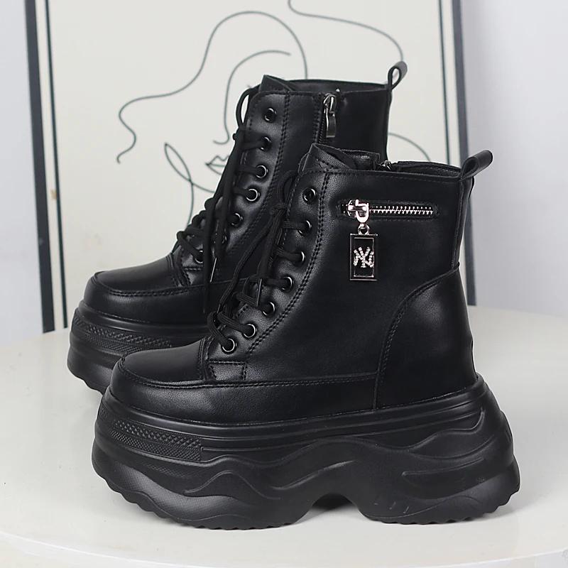 Modă 12CM Piele Naturală Platformă Pană Adidași Groși Primăvară Toamnă Botine Gleznă Botine Dama Culoare Mixtă Pantofi cu Toc Ascuns