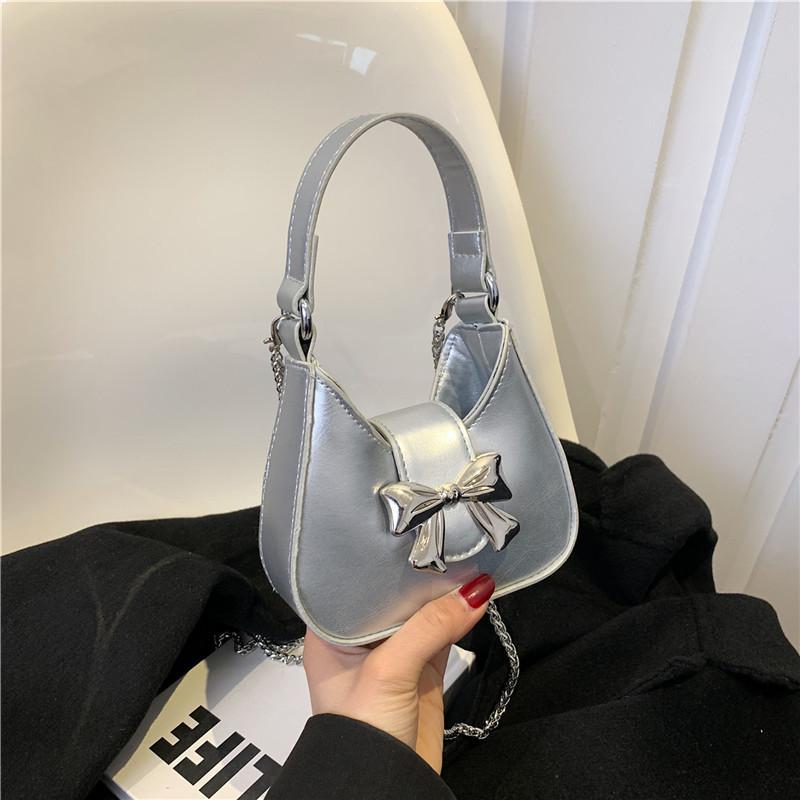 Black Pu Material Butterfly Knot Women's Bag 2024 Urban Simple Style Chain Shoulder Crossbody Handbag