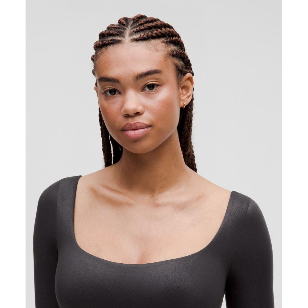 Lululemon Wundermost Ultra Soft Nulu Square Neck Long Sleeve Bodysuit  Shine Luxe Shine Foil Print Black