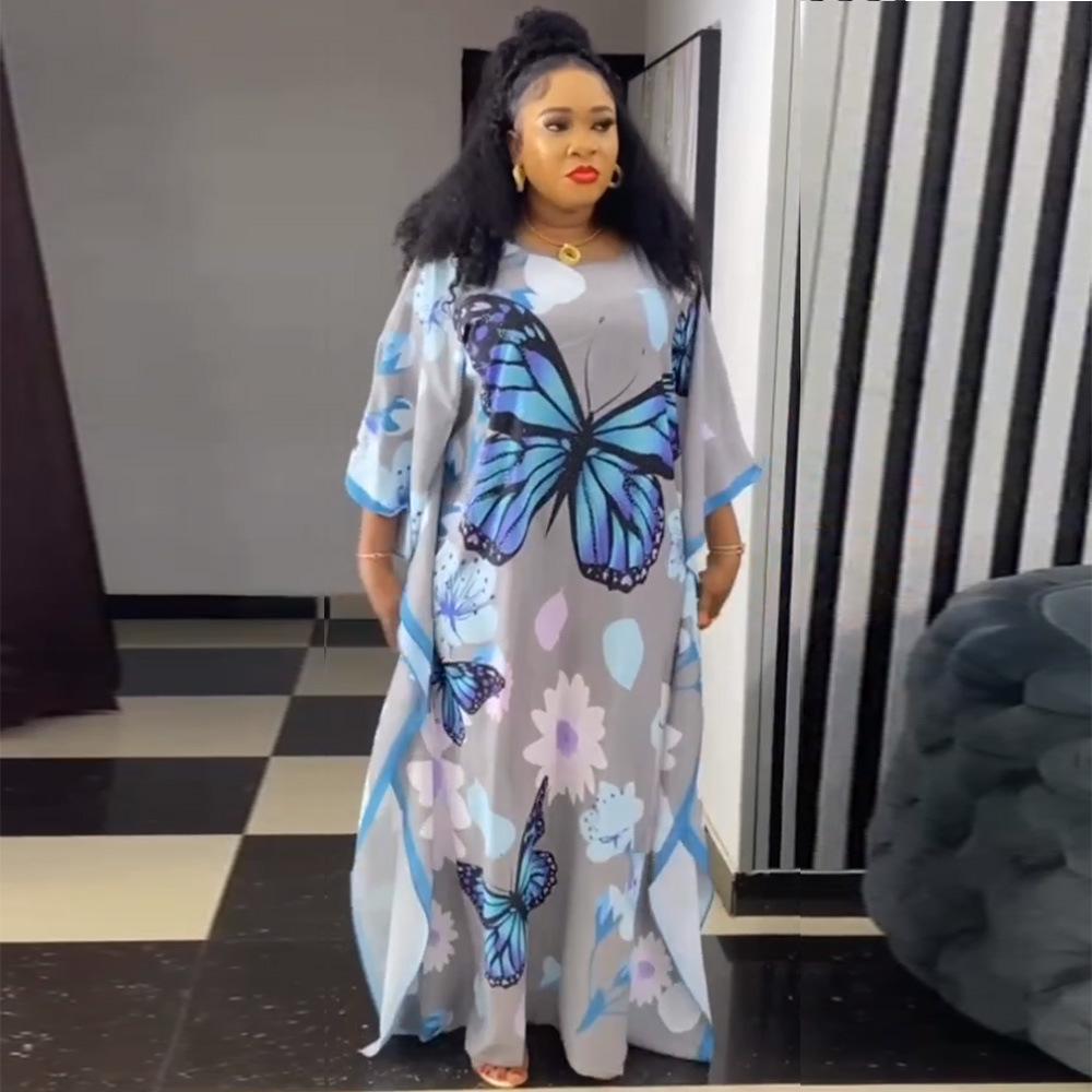 African Batwing Sleeve Chiffon Robe: Loose Plus Size Muslim Women's Printed Dress