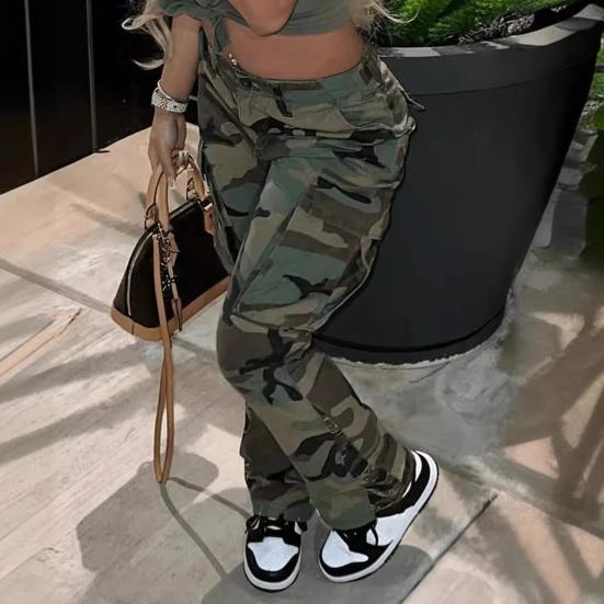 Dame Camo Print Cargobukser Høy Midje Vide Ben Baggy Streetwear Casual Kamuflasje Militærbukser med Lommer