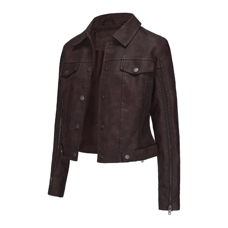 Women Leather Jacket Slim Fit Pu Zipper Outerwear Long Sleeve Lapel Collar for Fall Winter