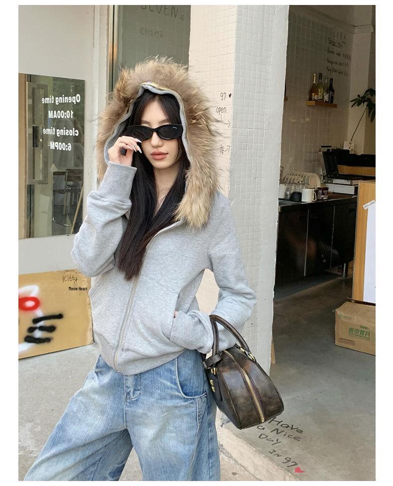 2025 Women's Gray Fur Collar Short Slim Sweatshirt - Petite Korean Style Autumn/Winter Outerwear