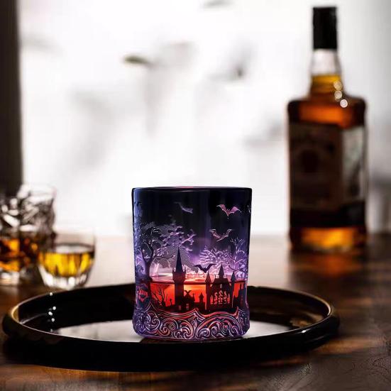 Gothic Vampires Whiskey Decanter Glass Liquor Bottle with Bat Castle Design Halloween