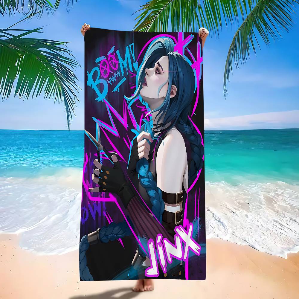 Cartoon Anime Game Arcane J-Jinx Main Art Bath Towel Microfiber Soft Water Absorbing Breathable For Kids Cartoon Beach Towel