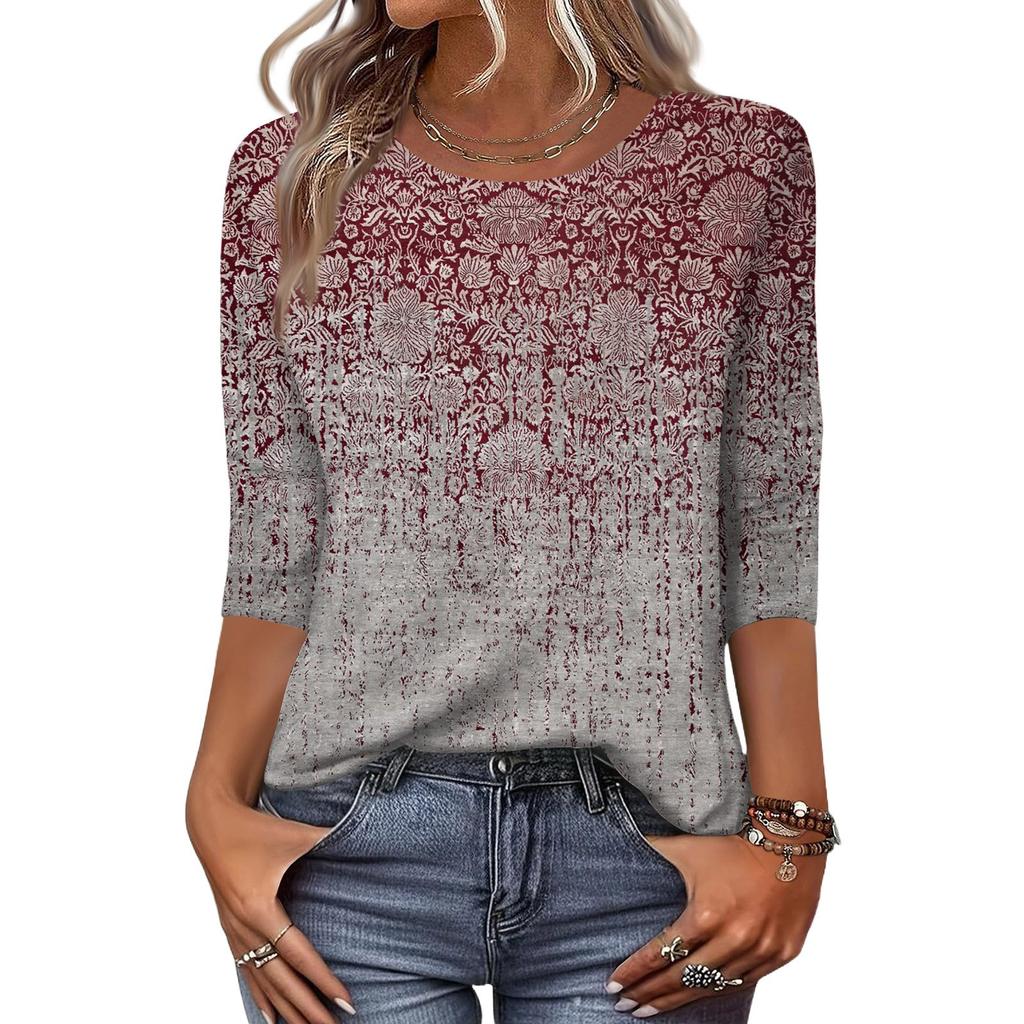 Damenmode Lässig Dreiviertelärmel Blumenmuster Rundhals Oberteil