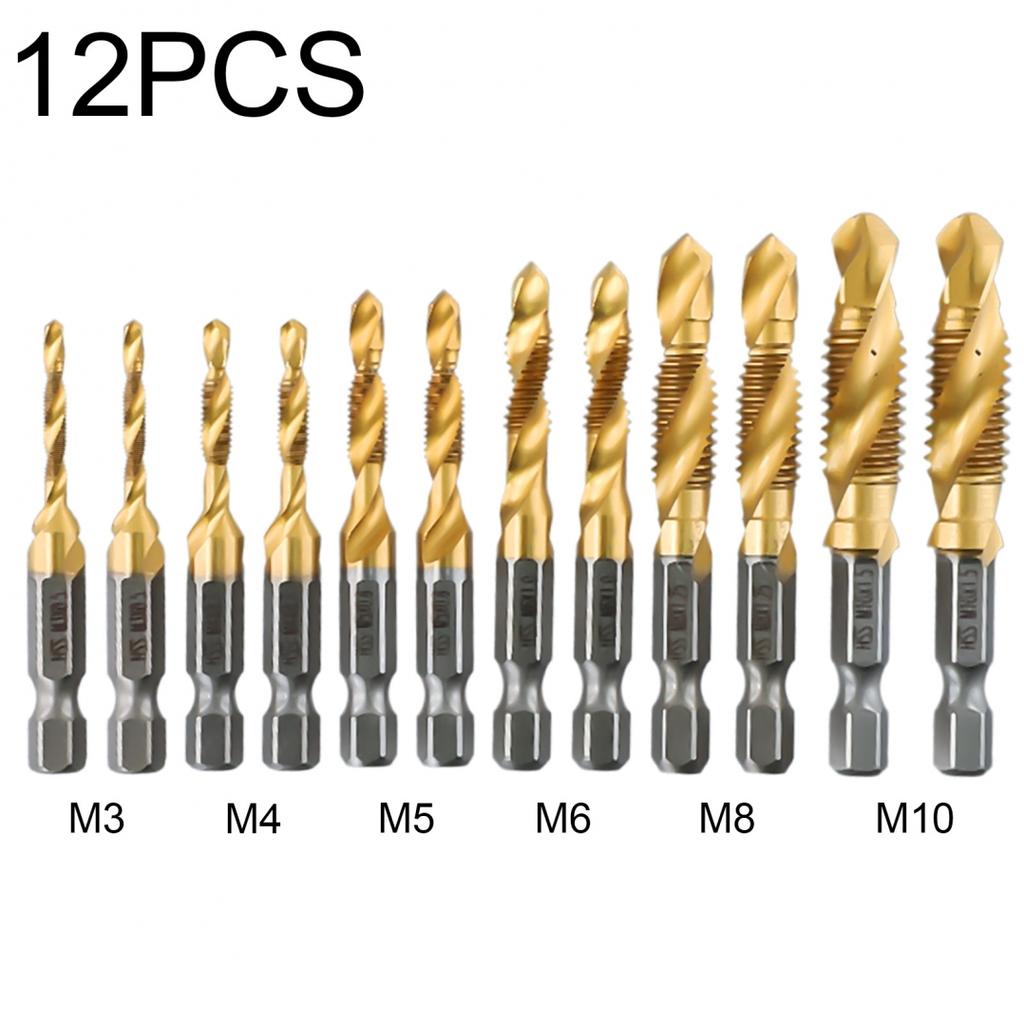 12pc Tap Drill HSS Screw Hex Shank Titanium Plated